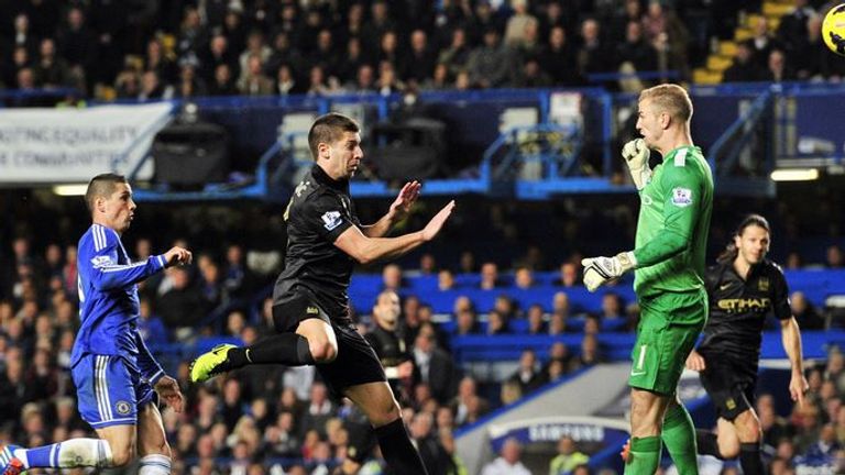 Fernando Torres capitalises on a mix-up between Matija Nastasic and Joe Hart