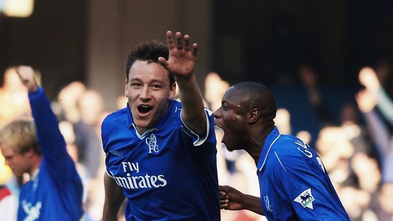 John Terry celebrates scoring the second goal against Man City in 2003
