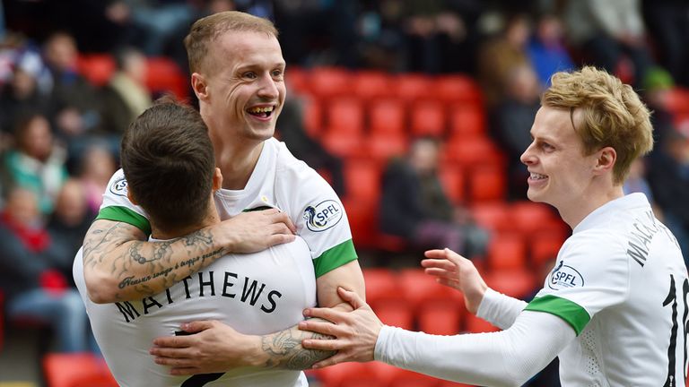 Celtic's Leigh Griffiths celebrates his goal with team-mates Adam Matthews and Gary Mackay-Steven