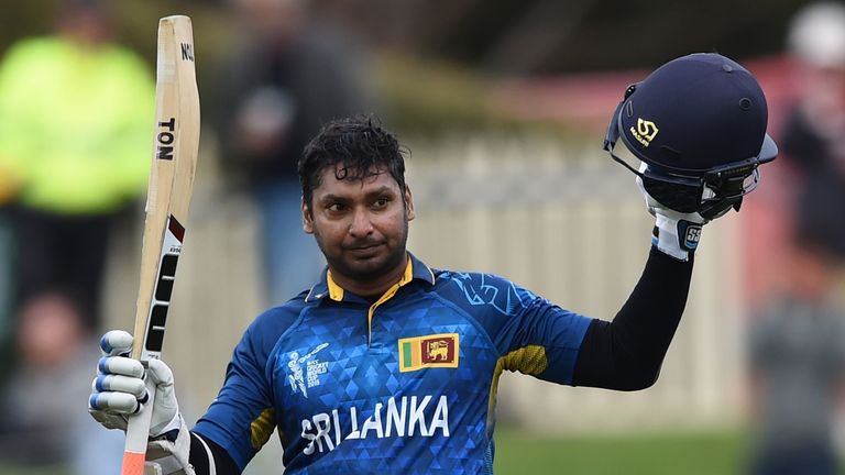 Kumar Sangakkara became the first man to score four consecutive ODI hundreds as Sri Lanka beat Scotland by 148 runs in the Cricket World Cup