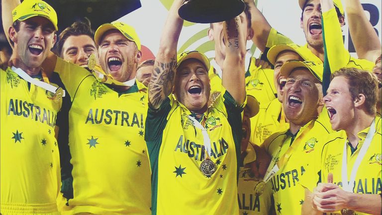 The Australian Team celebrate after the 2015 ICC Cricket World Cup final against New Zealand at Melbourne Cricket Ground on March 29, 2015