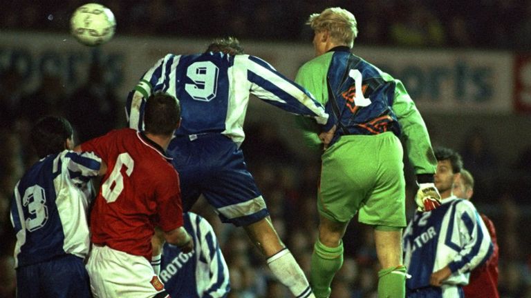 Peter Schmeichel: The big Dane scored against Rotor Volgograd in UEFA Cup defeat