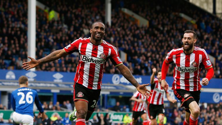 Jermain Defoe of Sunderland celebrates scoring his team's second goal.