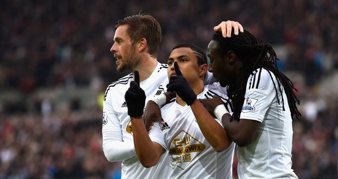 Jefferson Montero celebrates scoring Swansea's first goal