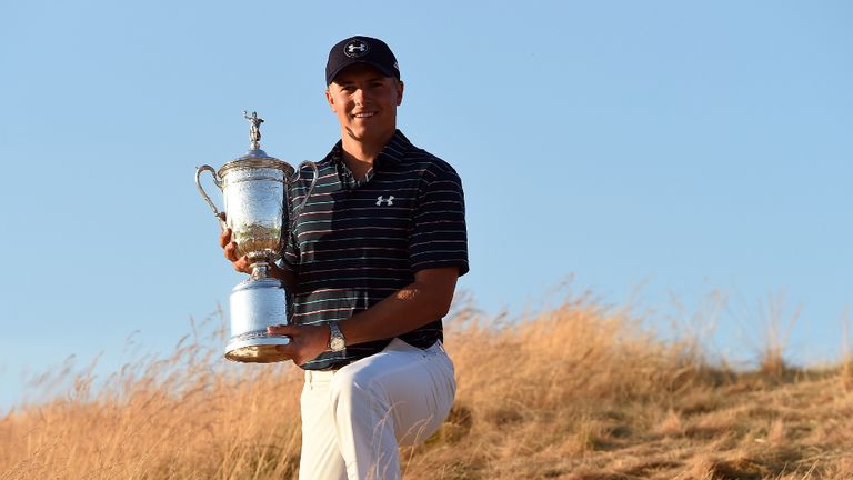 Spieth lifts the US Open trophy following Dustin Johnson's last hole mishap