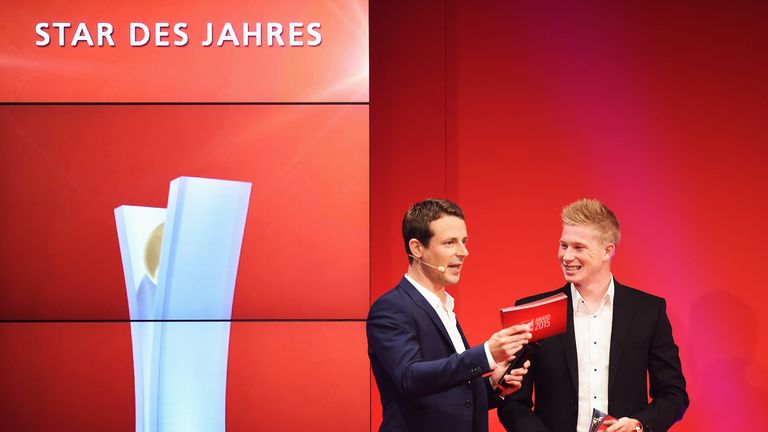 De Bruyne (right) pictured at the Sport Bild Awards, where he was asked if he would stay at Wolfsburg