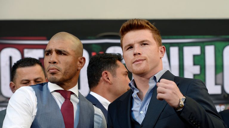 WBC champion Miguel Cotto (L) and contender Saul 'Canelo' Alvarez will meet in Vegas later this month