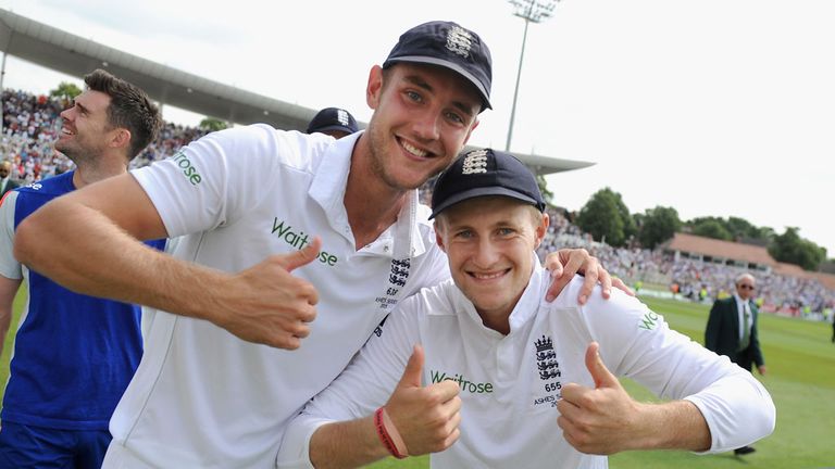 Stuart Broad and Joe Root celebrate England's Ashes win over Australia at Trent Bridge.