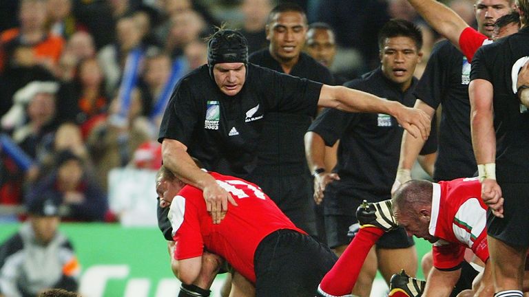 Colin Charvis dives over for a try during the pool match between New Zealand and Wales in the 2003 World Cup