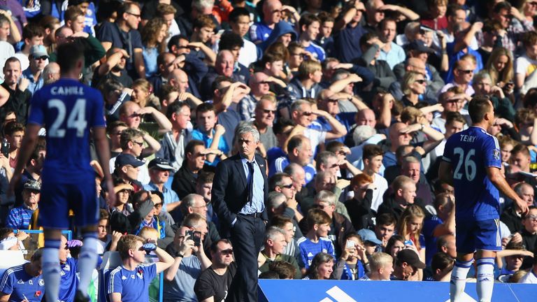 Chelsea manager Jose Mourinho (centre) watches from the sidelines