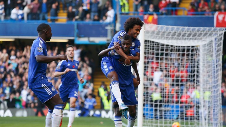 Ramires (right) celebrates scoring the opening goal for Chelsea against Liverpool in the fourth minute at Stamford Bridge