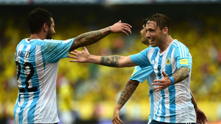 Lucas Biglia (right) celebrates with Ezequiel Lavezzi after scoring for Argentina