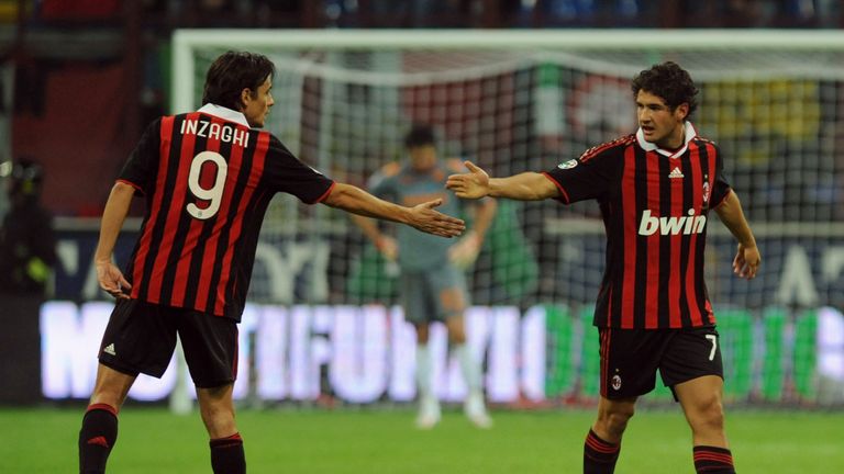Pato celebrates scoring for AC Milan with Filippo Inzaghi
