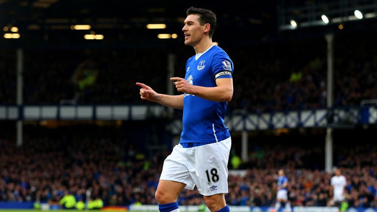 Everton's Gareth Barry celebrates after scoring against Swansea