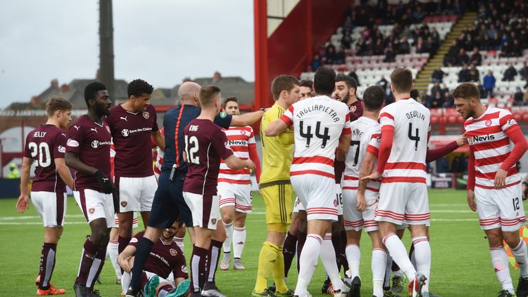 There were angry exchanges between the Hamilton and Hearts players