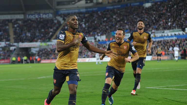 Campbell celebrates after scoring his first Arsenal goal against Swansea