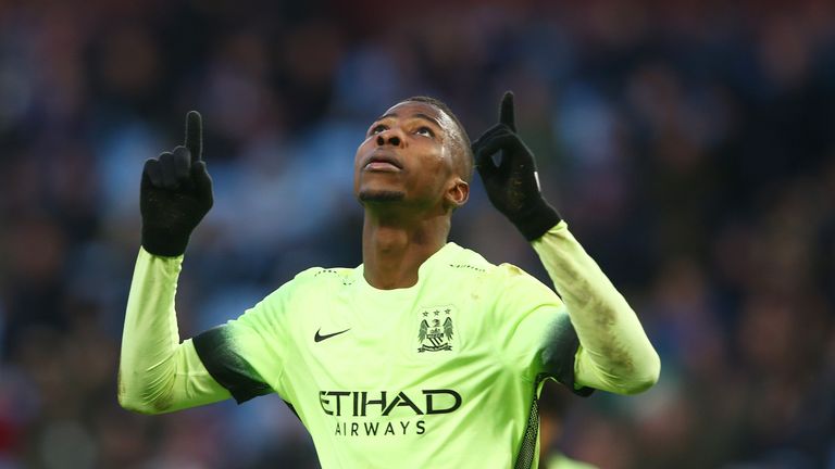 Kelechi Iheanacho of Manchester City celebrates scoring his hat-trick goal against Aston Villa