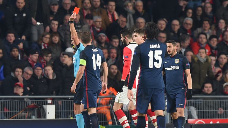 Italian referee Daniele Orsato gave a red card to PSV Eindhoven's Gaston Pereiro