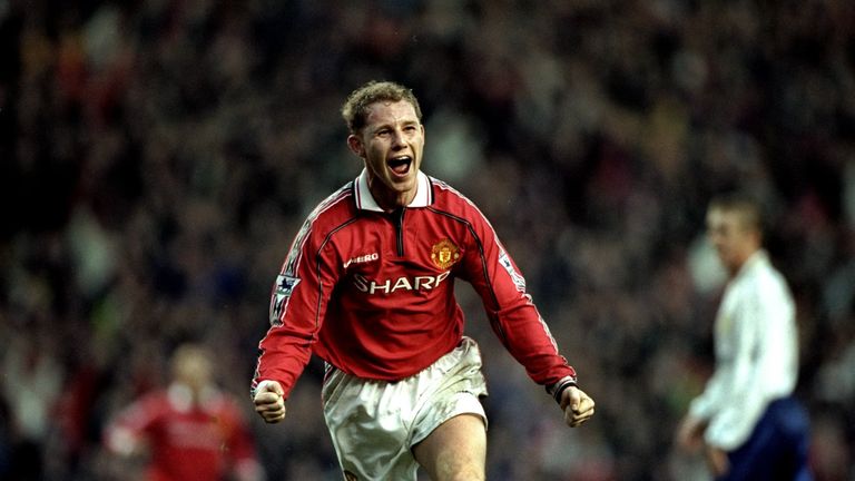Butt celebrates the winner against Leeds at Old Trafford in 1998