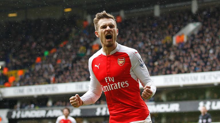 Aaron Ramsey celebrates after edging Arsenal in front before half-time