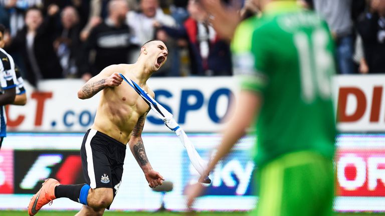 Aleksandar Mitrovic celebrates his goal for Newcastle against Sunderland