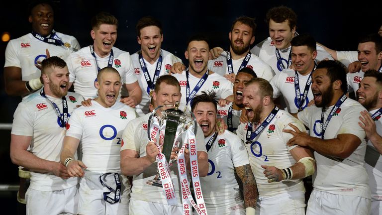 England celebrate with the Six Nations trophy after their 2016 success