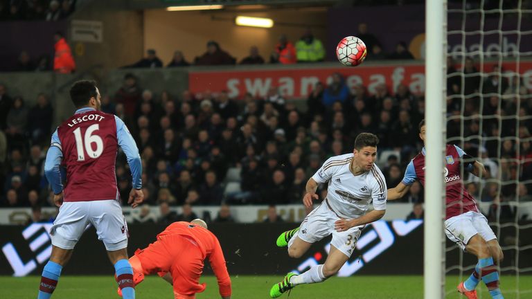 Federico Fernandez (second right) puts Swansea 1-0 up against Aston Villa