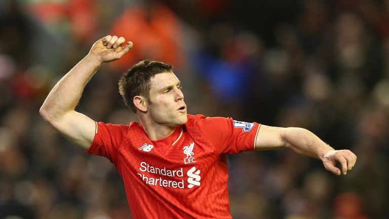 Milner celebrates Liverpool's second against City
