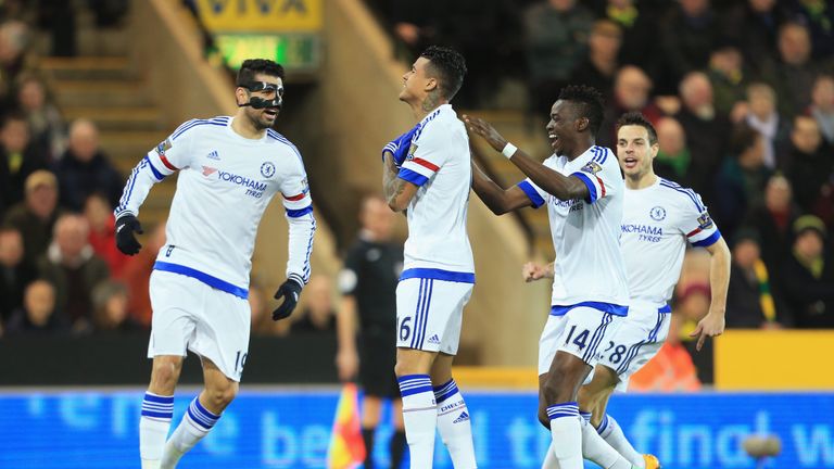 Kenedy (second left) of Chelsea celebrates scoring his team's first goal against Norwich