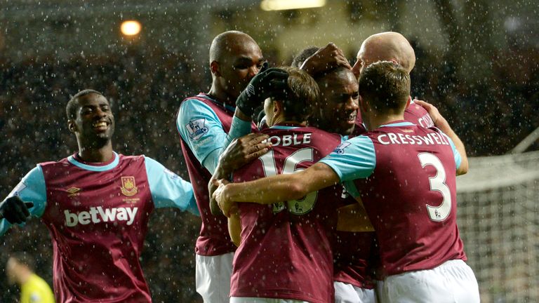 Michail Antonio celebrates with his West Ham team-mates