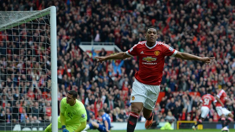 Anthony Martial celebrates what proved Manchester United's matchwinner against Everton