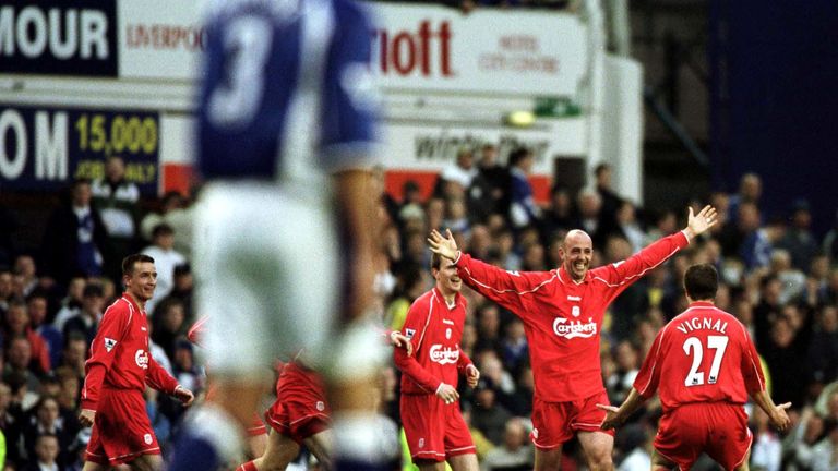 Gary McAllister of Liverpool celebrates after scoring the winner at Goodison Park