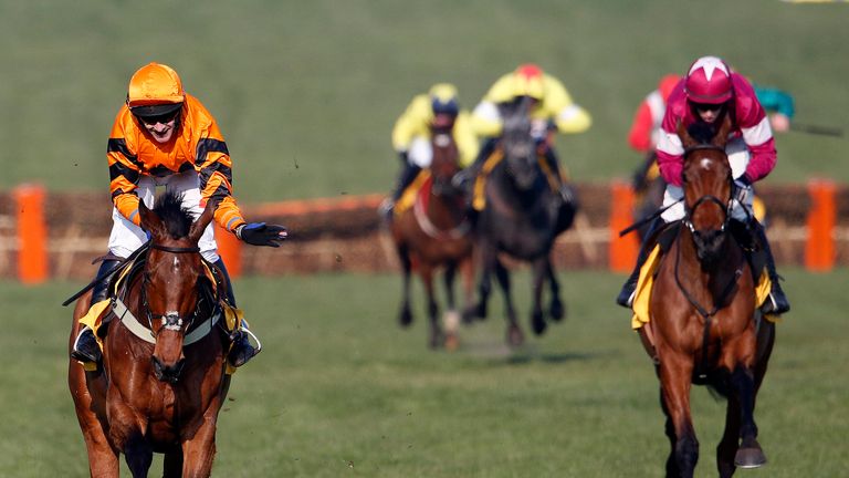 Thistlecrack (L) beats Alpha Des Obeaux to win the World Hurdle at Cheltenham