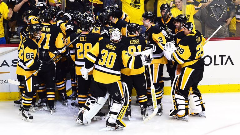 Pittsburgh celebrate the overtime goal by Conor Sheary