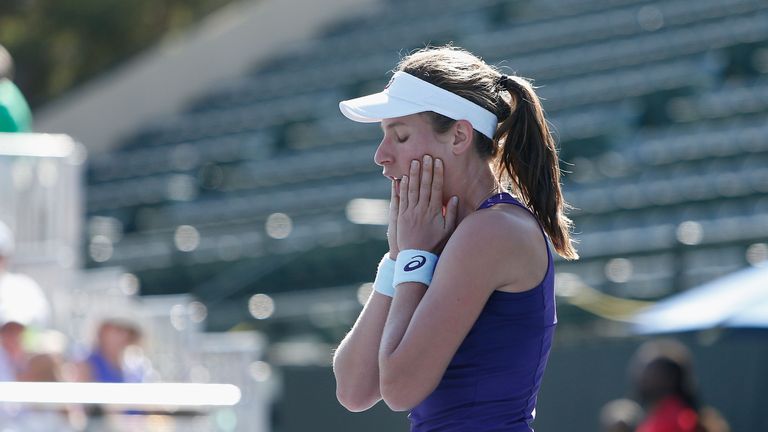An emotional Konta reacts to winning her maiden WTA title earlier this year at the Bank of the West Classic