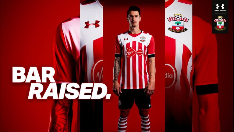 Jose Fonte models the new Southampton home kit for the 2016/17 season (image c/o Southampton)