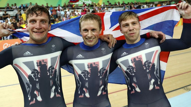 From left, Callum Skinner, Jason Kenny and Philip Hindes celebrate winning gold