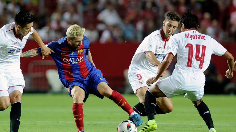 Barcelona's Lionel Messi in Spanish Super Cup action against Sevilla