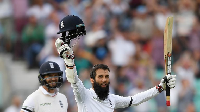 Moeen Ali celebrates scoring his third Test century