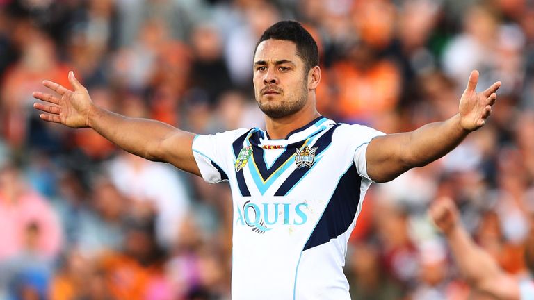 Jarryd Hayne celebrates after kicking the match-winning field goal against Wests Tigers