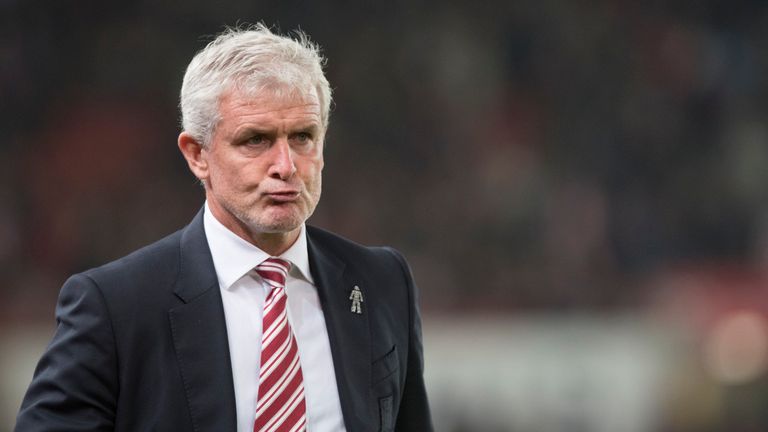 Mark Hughes manager of Stoke City looks on after another defeat