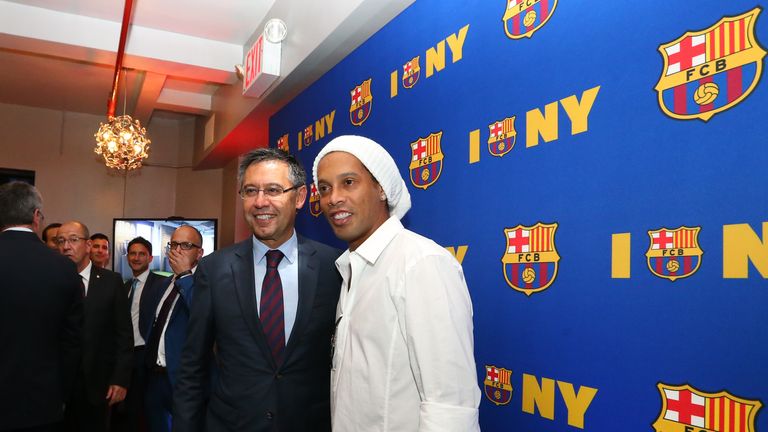 Barcelona president Josep Maria Bartomeu was joined by Ronaldinho at the club's opening of their New York office