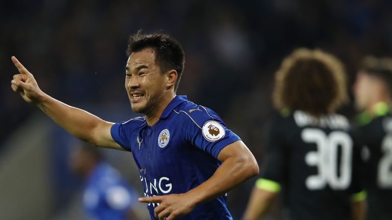 Shinji Okazaki scored twice in the first half for Leicester