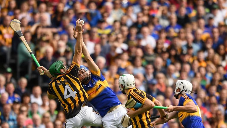 Kilkenny defender Shane Prendergast competes in the air with John McGrath