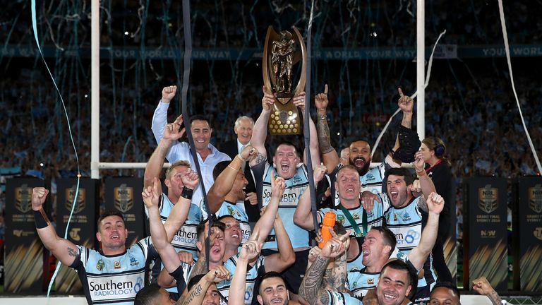 The Sharks celebrate with the Premiership Trophy