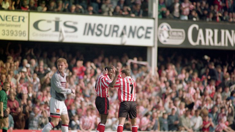 Ken Monkou and Matt Le Tissier celebrate Southampton's opening goal