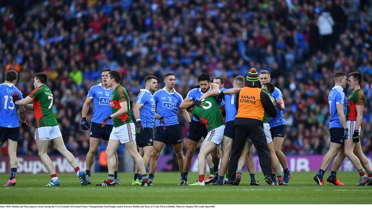 Dublin and Mayo players tussle during the GAA Football All-Ireland Senior Championship Final Replay.