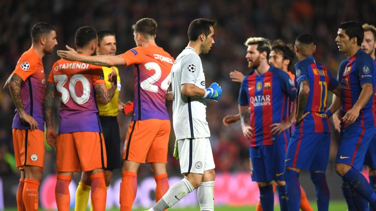 Claudio Bravo leaves the pitch following his dismissal for handling outside his area