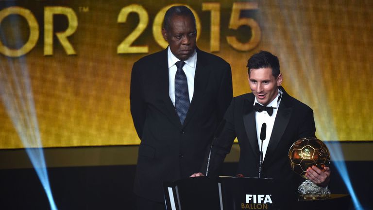 Lionel Messi picks up the 2015 FIFA Ballon d'Or award at last year's ceremony