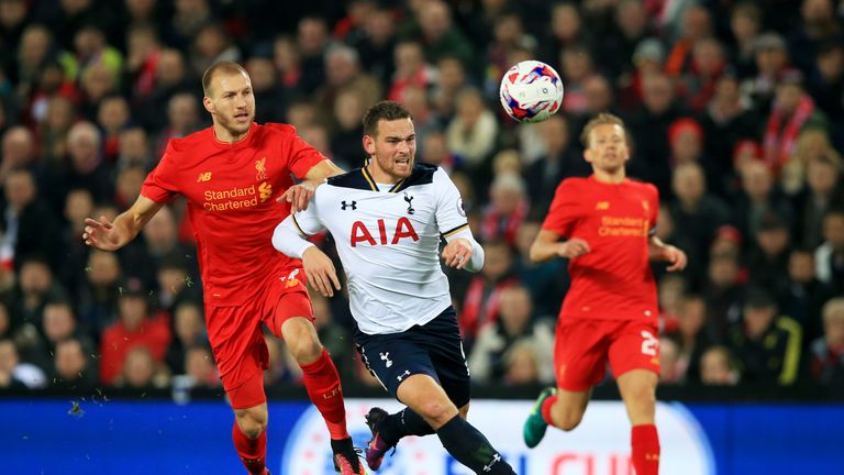 Vincent Janssen of Tottenham Hotspur is fouled by Liverpool's Ragnar Klavan